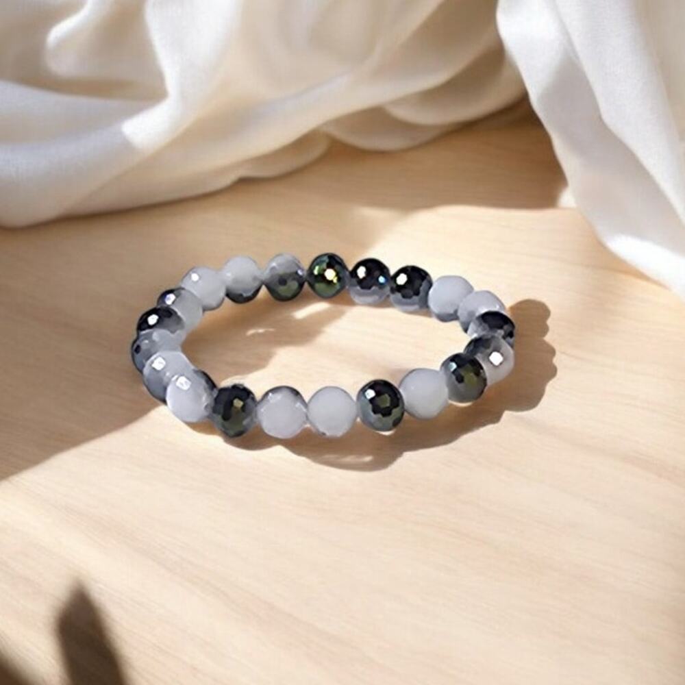Black Grey White Beaded Stretch Bracelet Minimal Monochrome Jewelry